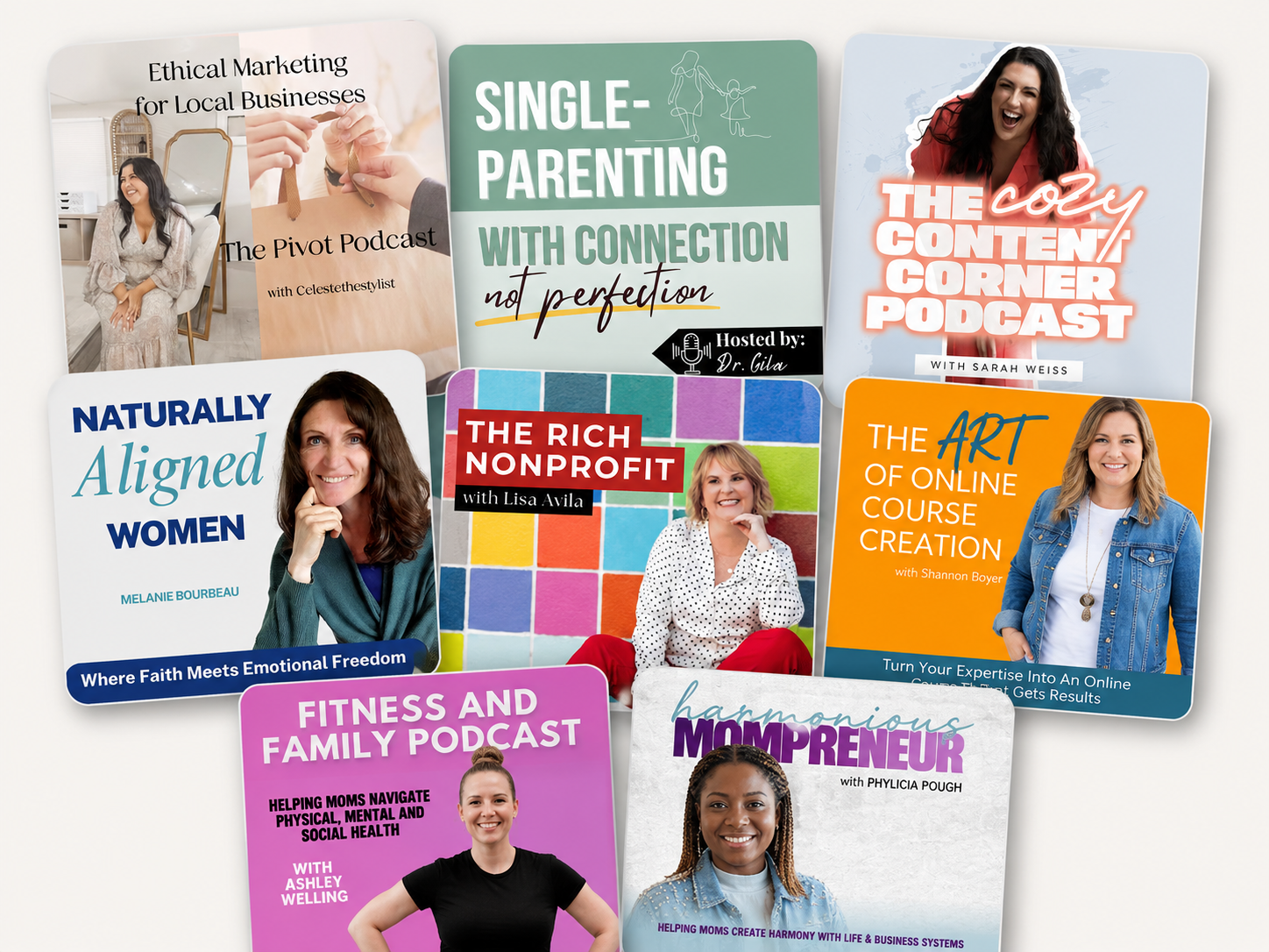 A curated grid of mom-hosted podcast covers